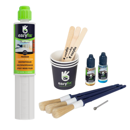 Holzfäule Standardset mit Holzreparaturmasse. Alle Produkte für die Reparatur von Schäden durch Holzfäule.